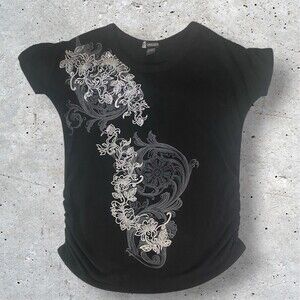 Joujou Womens Top Size 3X Ruched Arms & Sides Black w/Silver Grey Floral Detail